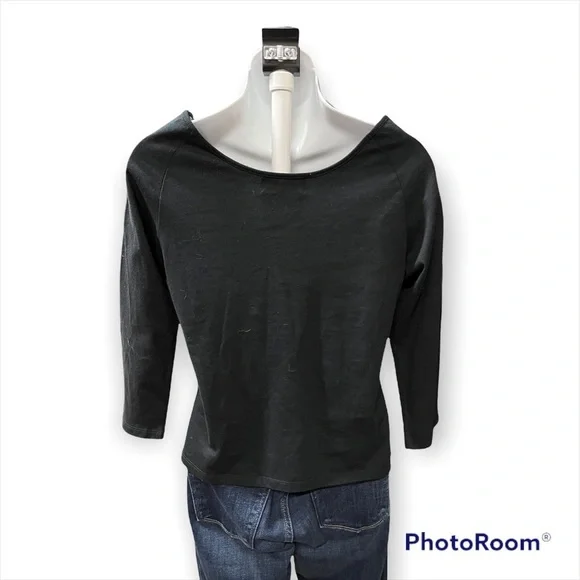 Metro 6 Nina Leonard Black Scoop Neck Floral Jeweled 3/4 Sleeve Top Size Medium - Picture 2 of 8